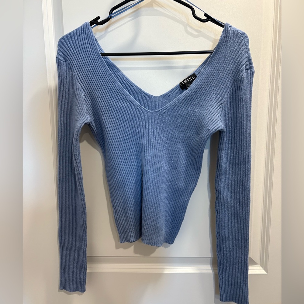 Timing Steel Blue Ribbed Knit Top
